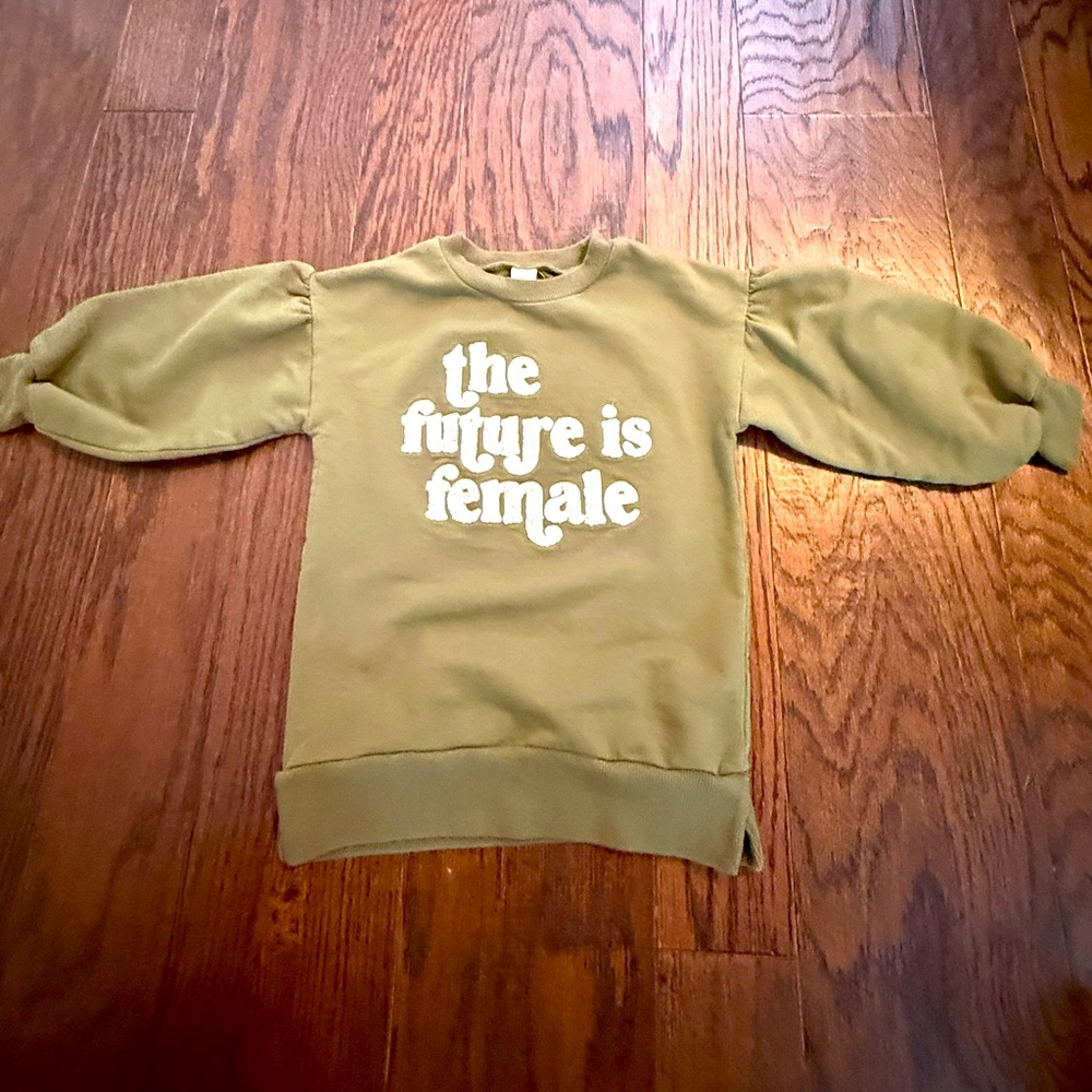 Olive Green girls sweater blouse size 4T white saying ‘the future is female’